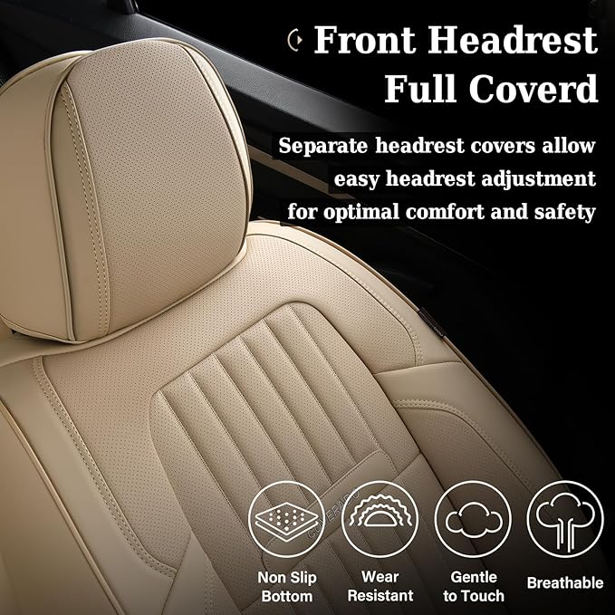 Coverado Beige Nappa Leather Car Seat Covers, Universal Fit Front Seats, 2-Pack Waterproof Seat Covers, Perforated Faux Leather, Compatible with Most Cars Trucks