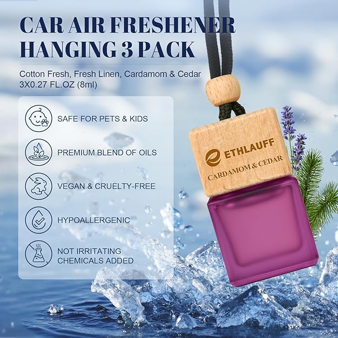 Car Air Freshener Hanging, 3 Pcs Cotton Fresh, Fresh Linen, Cardamom & Cedar, Car Scent Air Fresheners Diffuser for Car, 45+ days Long Lasting Fragrance, 0.27 FL OZ/8ML