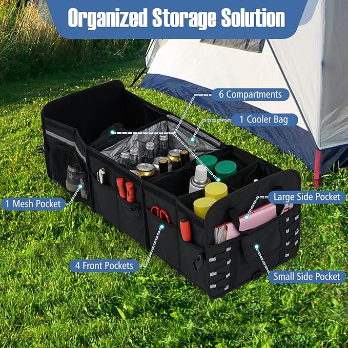 Goplus Collapsible Trunk Organizer with Cooler, 18 Gallon (68L) Foldable Car Storage Organizer with 6 Extenable Compartments, Removable Lid, Securing Straps, for SUV Van Sedan, 35.5" x 14" x 12"