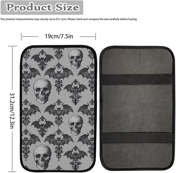 Dreaweet Gothic Car Center Console Cover Gray Bat and Skull Print Arm Rest Cover Halloween Car Accessories Interior Universal Middle Console Covers for SUV Sedan