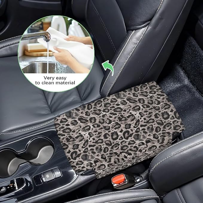 Dreaweet Grey Leopard Print Car Armrest Cover Pad Thick Center Console Cover with Pockets Cheetah Car Accessories for Women Universal Arm Rest Cover for Car Center Console for Cars