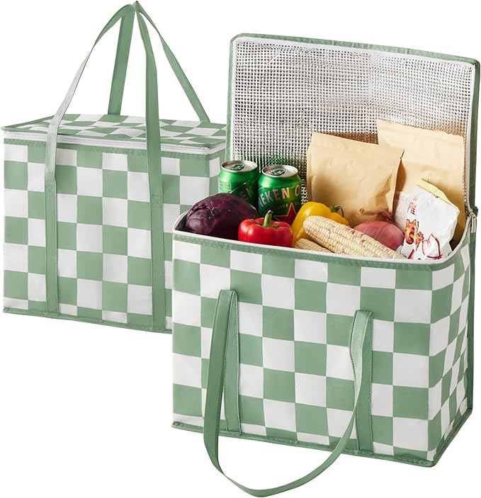 Checkered Insulated Grocery Bags 2 Pack, Checkerboard Cooler Shopping Bags for Groceries, Insulated Bags for Food Delivery