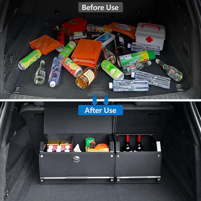 SUV Trunk Organizers and Storage, Leather Car Trunk Storage Organizer with Lid & Push-pull Handle, Combination of SUV Cargo Organizer, Waterproof Car Storage Box for Sedan Van Minivans