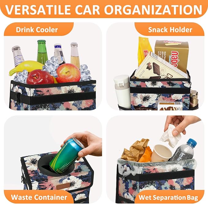 Vankor Car Trash Can for Car Cute, Trash Bag Bin Hanging Waterproof Automotive Garbage Cans Leak Proof Vehicle Trash Can Painting Floral
