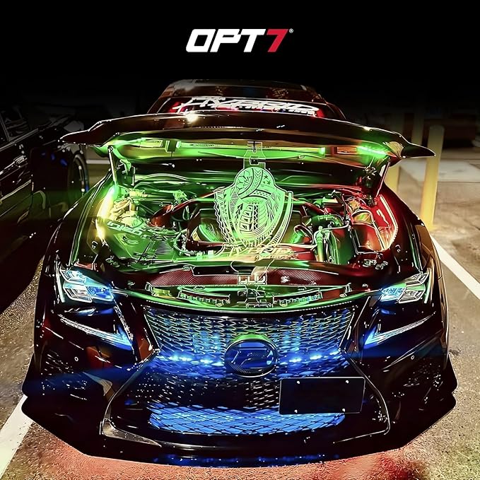OPT7 Aura Pro Engine Bay Lights w/App & Remote Control, 4PCS 24” Waterproof Underhood LED Light Strips, RGB Multi-Color Music Sync Decoration for Pickup Truck Tacoma Tundra 4Runner Dodge Durango