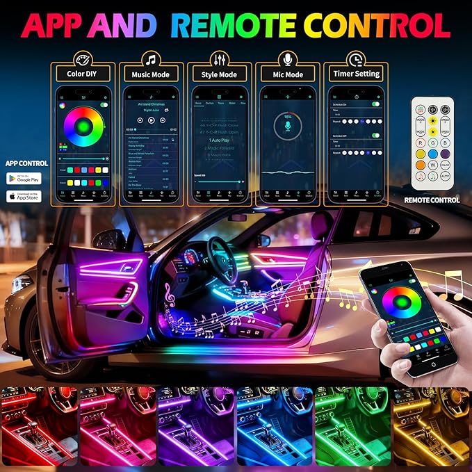 Interior Car LED Strip Lights with APP&Remote Control RGB 10 in 1 Ambient Lighting Kits Fiber Optic Strip LEDs,16 Million Colors,Music Sync Car Neon Lights for Cars,SUVs,Trucks