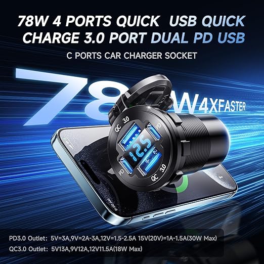 12V USB Charger with 4 Ports, Upgraded Aluminum Alloy Car Outlet with LED Voltmeter Display, for 12/24V Car Golf Cart Boat Marine Bus Truck RV Marine Motorcycle etc. (1PC)