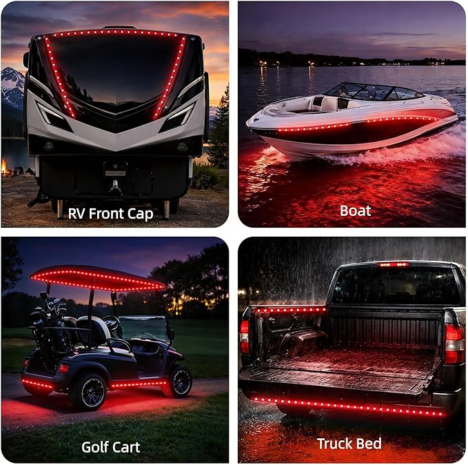 12V Marine Boat LED Light Strip Super Bright, 2 Pack 6.56FT IP68 Fully Waterproof RV Front Cap Lights, Golf Cart Underglow Roof Lights Strip for Truck ATV UTV SUV Car Pickup Trailer, Cuttable, Red
