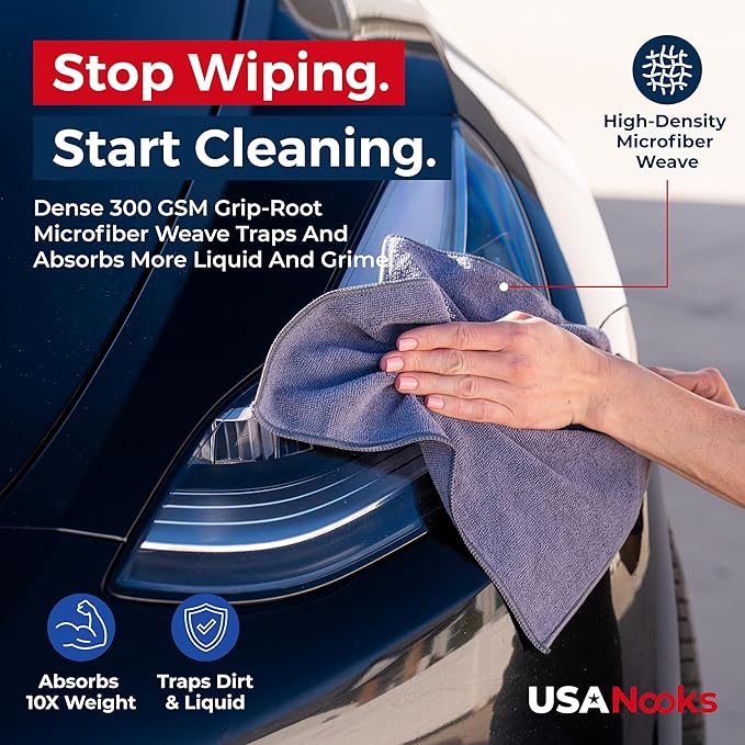 USANOOKS Premium 300GSM Microfiber Cleaning Cloth - 12.5"x12.5" High Performance - 1200 Washes, Ultra Absorbent Microfiber Towels for Cars Undercarriage, Rims & Engine Bay Cleaning - Microfiber Cloth