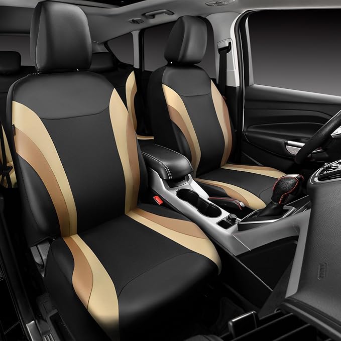 CAR PASS Line Rider Leather Car Seat Covers Sporty Car Seat Covers Full Set,5mm Composite Sponge,Airbag Compatible,Universal Fit 95% Automotive SUV Sedan(Black Beige)