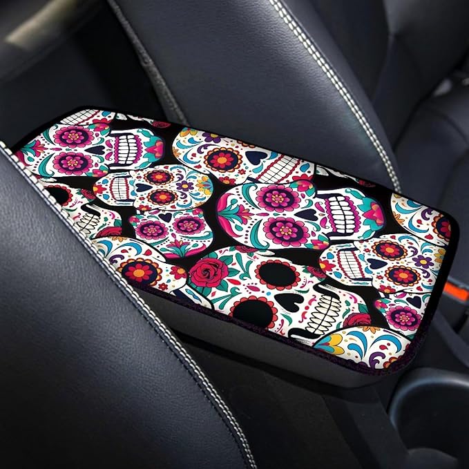 Dreaweet Sugar Skull Center Console Armrest Pad Cover Halloween Car Accessories Soft Comfort Arm Rest Cover Pad Universal Middle Console Covers for Cars SUV Truck Sedan