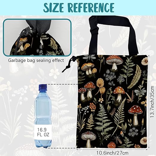 Mushroom Fern Leaves Car Garbage Bag Botanical Drawstring Car Trash Bag Hanging for Back Seat with Adjustable Buckle Canvas Vehicle Trash Can Easy-to-Install