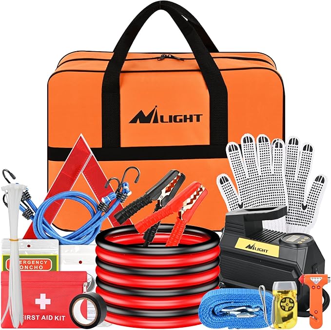 Nilight Car Emergency Kit with Jumper Cable Air Compressor Tire Repair Essential Tools First Aid Alligator Connector Electrical Kit for Travel Camping Outdoor Cars Truck SUV RV
