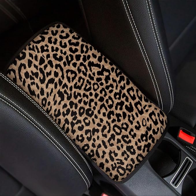 Dreaweet Brown Leopard Print Center Console Armrest Cover for Car, Wild Cheetah Print Armrest Cushion Cover Pad, Auto Car Accessories Universal Fit for Sedan, Truck, SUV Soft Car Armrest Cover