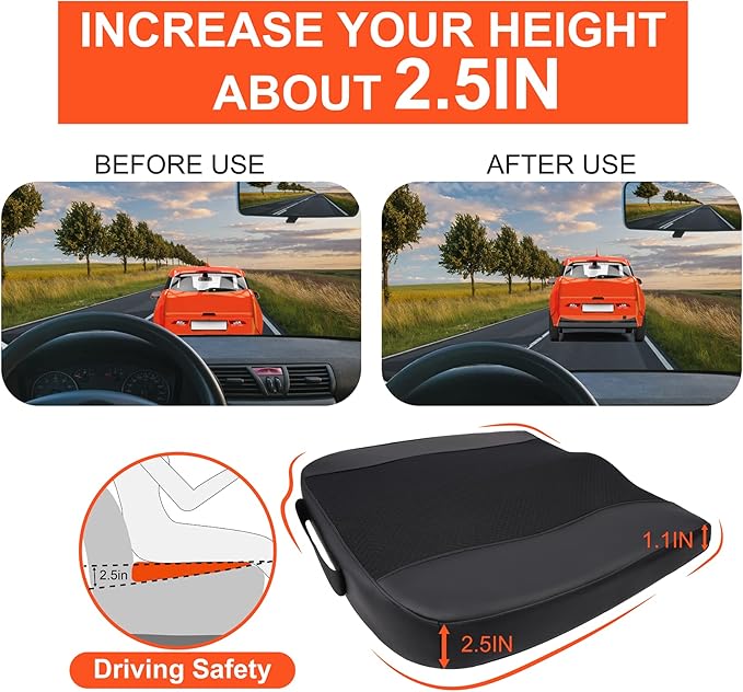 Car Seat Cushion, Comfort Memory Foam Car Cushions for Driving - Sciatica & Lower Back Pain Relief, Driver Seat Pillow for Auto, Office Chair, Wheelchair - Black