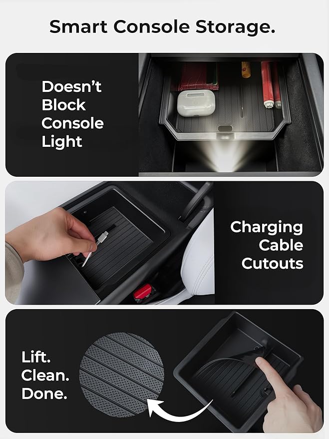 Center Console Organizer Set for Tesla Model Y Juniper (Premium & Performance 2025/26) and Model 3 Highland (All Trims 2024/25/26) – 4PCS Tesla Interior Accessories – Black