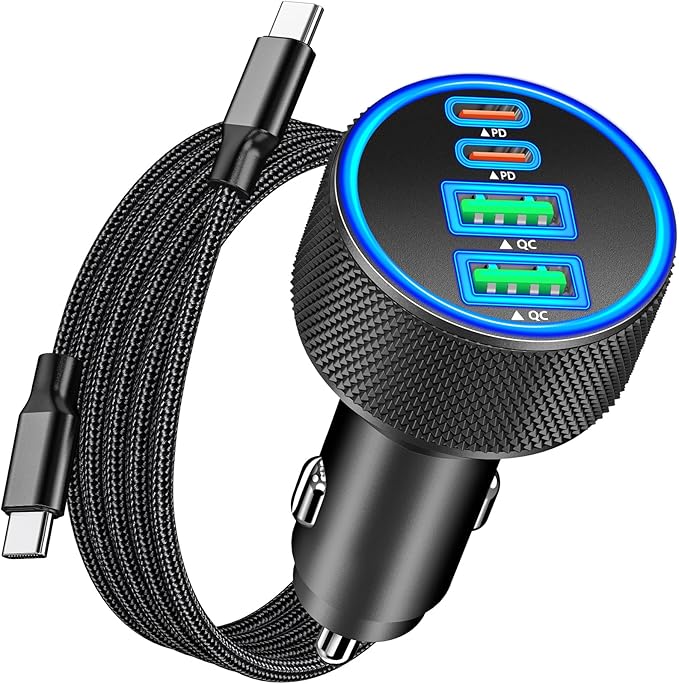 [Apple MFi Certified] iPhone 17 Car Charger Fast Charging, KYOHAYA 4-Port 90W USB-C&USB-A Power Cigarette Lighter PD/QC USB-C Car Charger + Type-C Braided Cord for iPhone 17/17 Pro/16/15/Galaxy/Pixel