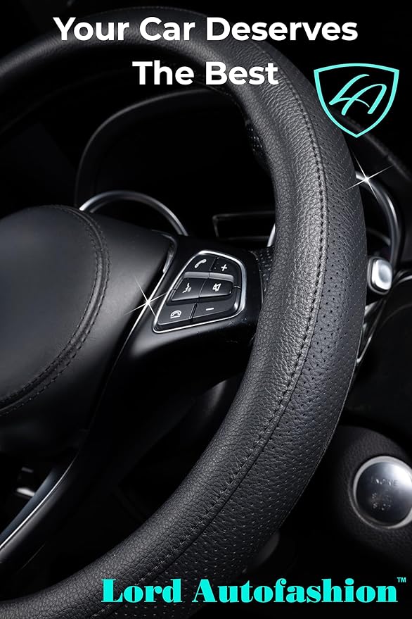 Lord Autofashion Steering Wheel Cover – PU Leather, Non-Slip Rubber Inner, All-Season Comfort – 14.5–15 Inch (Black 8397)