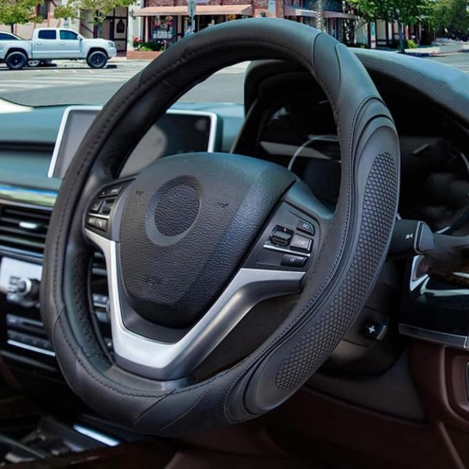 Car Steering Wheel Cover, 15 Inch Leather Breathable Anti-Slip Soft Steering Wheel Protector for Men and Women, Universal Car Accessories for SUV, Truck, RV (Black)