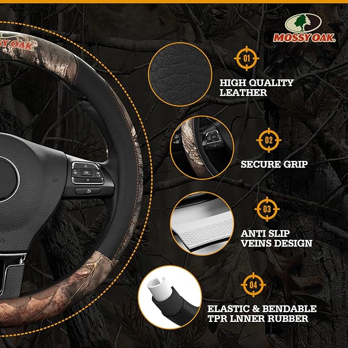 Mossy Oak Full Camo Steering Wheel Cover - Made from Premium Leather, Universal Fit for 14 1/2 to 15 inches - Official Licensed Product - Black Color