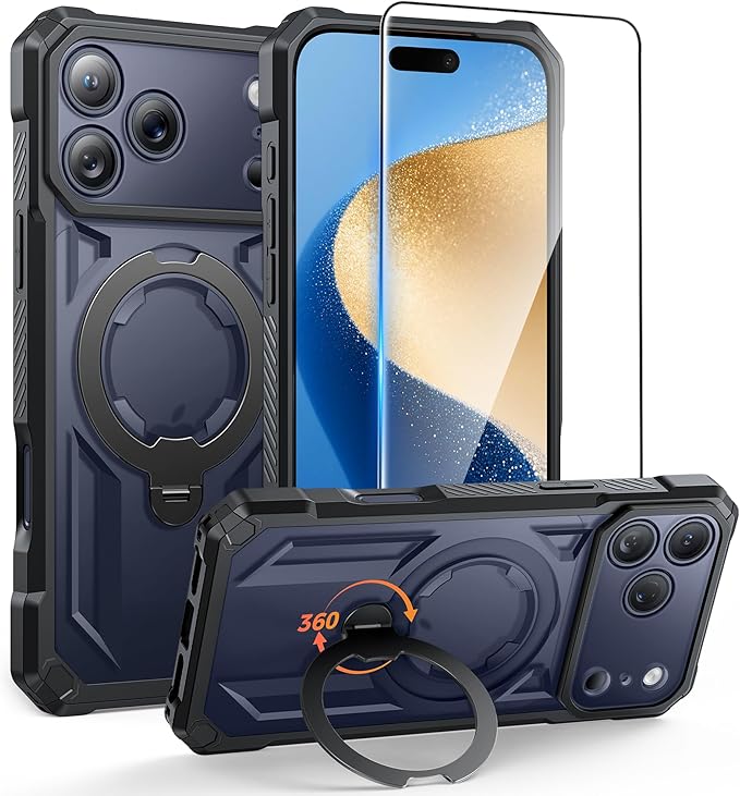 FNTCASE for iPhone 17 Pro Case: [360 Spin Magnetic Ring Kickstand] [Compatible for MagSafe] [Screen Protector] Heavy Duty Military Grade Protection Protective Phone Case with Stand Translucent Black
