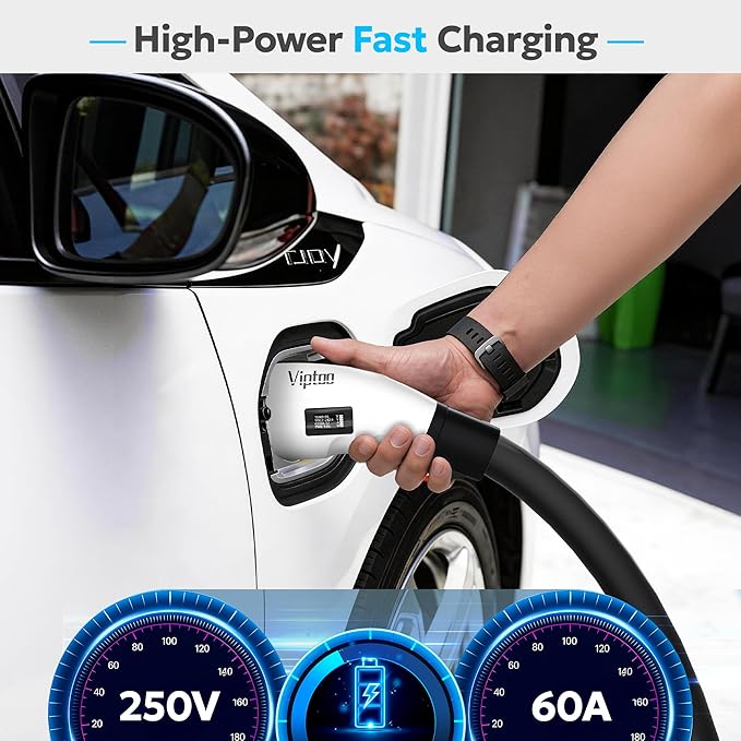VIPTOO Tesla to J1772 Adapter 60A 250V AC — NACS EV Charging Connector with Digital Display for Tesla Wall/Destination/Mobile Charger, Fast & Safe Charging (White)