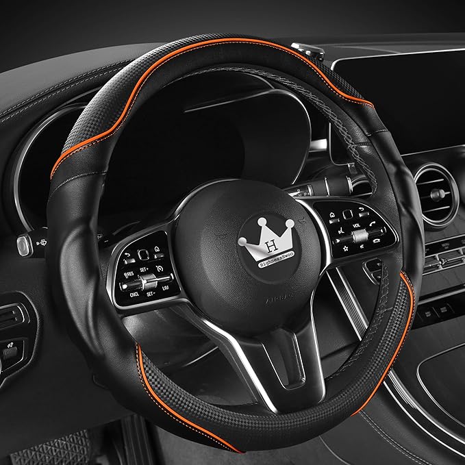 3D Car Steering Wheel Cover Comfort Grip Massage Sporty Anti-Slip Carbon Fiber Faux Leather for F150, Trucks, Jeep, Van, Car Handle Covers for All Seasons, 15.2-16in, Orange