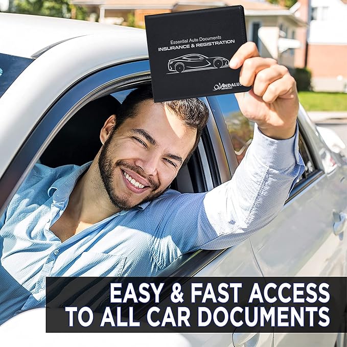 Andalus Auto Registration & Insurance Card Holder Pack of 2, Waterproof Essential Car Registration Holder with Hook & Loop Closure, Perfect for Every Vehicles Glove Boxes (Black - 5 1/8" x 4 5/8")