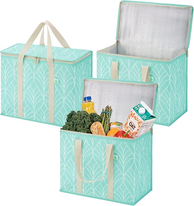 VENO 3 Pack Insulated Cooler Bag, Reusable Grocery Shopping Bag for Food Delivery, Heavy Duty, Large Size, Durable Handles, Double Zippers, Lid, Collapsible (Evergreen, 3 Pack)