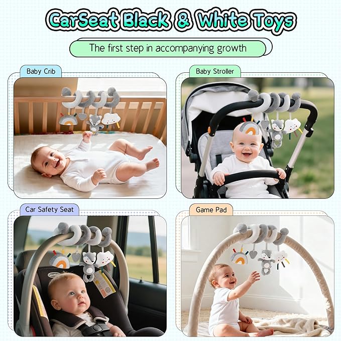 FPVERA Car Seat Toys for Babies 0-6 Months: Travel Baby Toy for Soft Hanging Toys for Carseat, Spiral Stroller Activity Toy Plush for Infant Boys Girls, Grey Fox