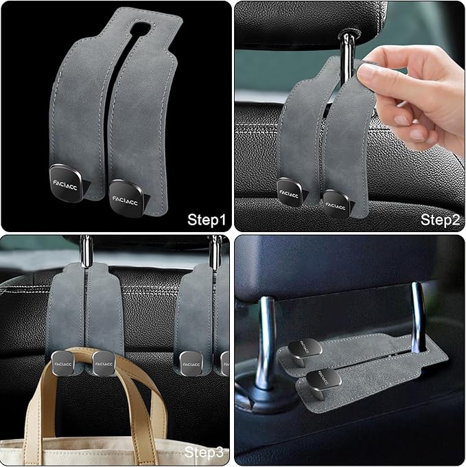 FACIACC 4 Pack Car Seat Headrest Hooks, Purse Hook for Headrest Universal Double Car Headrest Hooks Accessories Backseat Hanger Bag Holder Storage Hanger for Handbag Purse Coat Bags, Grey