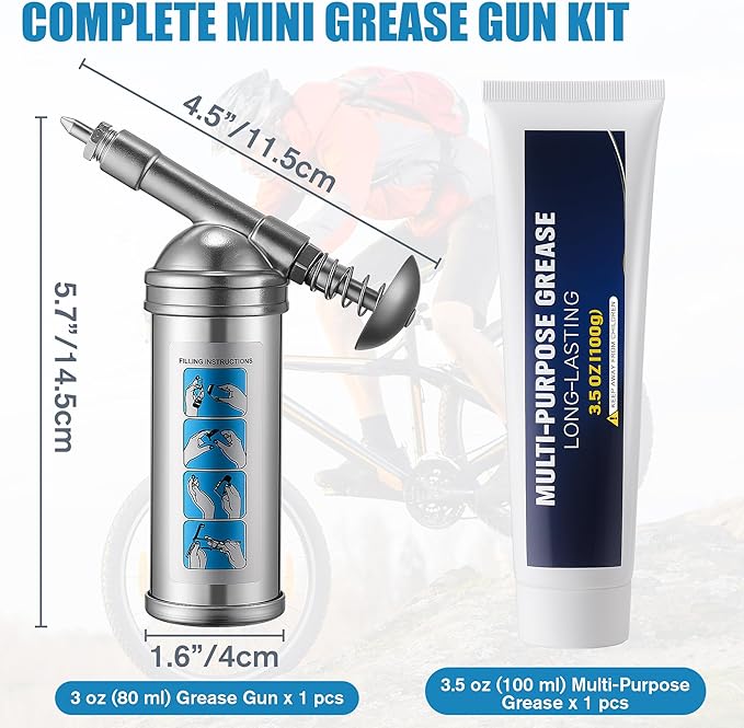 Mini Grease Gun with High Performance Bicycle Grease, Small Lubricant Gun with Nozzle, Bicycle Lubricant and Lube Kit 100g for Bike, Pedals, Bearings, and Chains, 3oz Cartridges