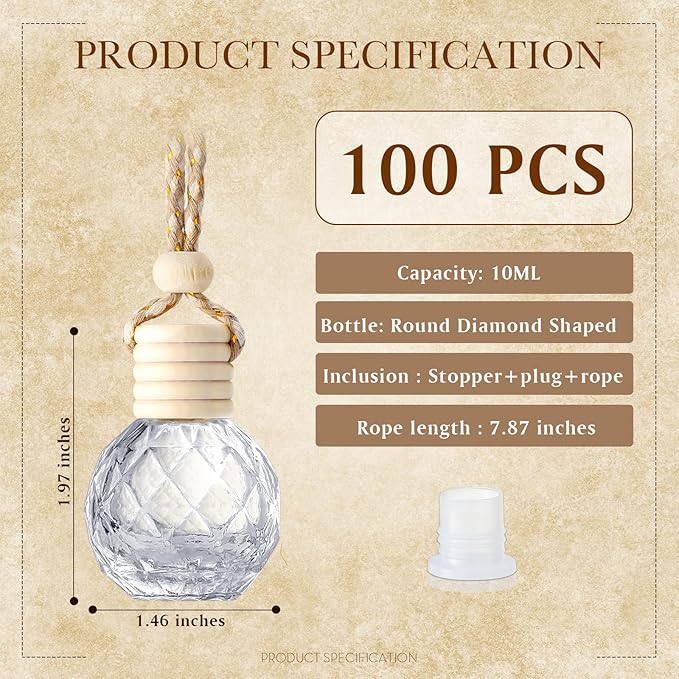 BBTO 100 Pcs Car Air Fresheners Diffuser with Wooden Cap Empty Aromatherapy Diffuser Clear Car Fragrance Holder Pendant Hanging Perfume Fresheners Bottles for Decor(Round Diamond,Clear)