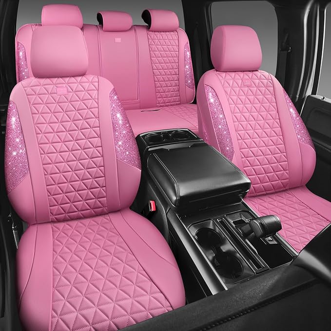 CAR PASS Bling Diamond Pink Leather Car Seat Covers Full Sets Interior Sets, Waterproof Shining Glitter Sparkly Crystal Universal Armrest Fit for Automotive Truck SUV Cute Women Girl, Pink Rhinestone