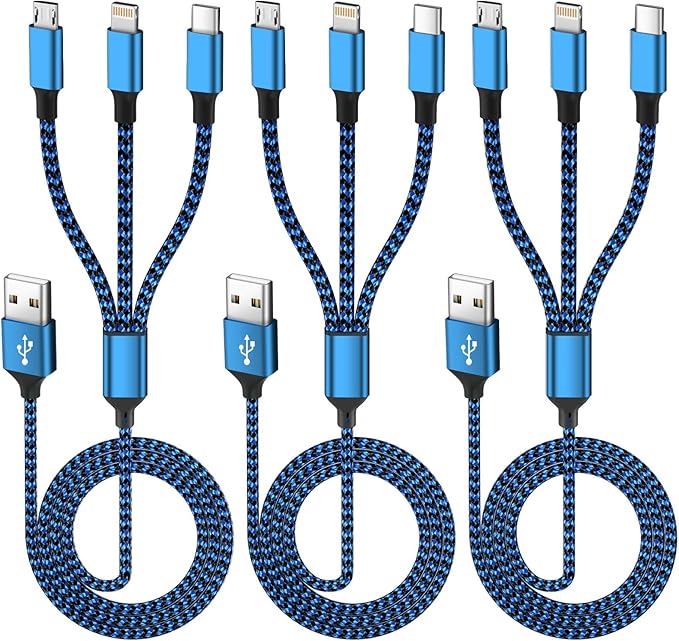 IDISON Multi Charging Cable(3Pack 4FT), 3 in 1 Charging Cable for Multiple Devices, USB-A Multi Charger Cord with Type-C, Micro USB and IP Port for iPhone 16/15/14/13/iPad/Android/Tablets and More
