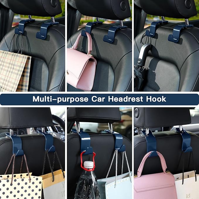 Soleebee 4 Pack Car Headrest Hooks - Universal Auto Hooks, Back Seat Hangers, Storage Organizer (Navy Blue)