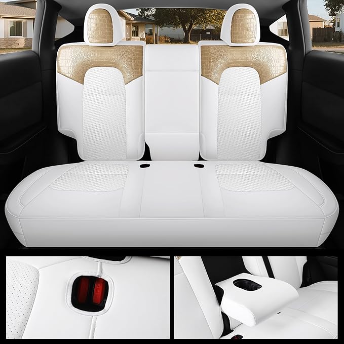 for Tesla Model Y Car Seat Cover Custom Fit 2020 2021 2022 2023 2024 Crocodile and Nappa Leather Seat Cover Full Set Interior Accessories (Crocodile Skin Golden+White)
