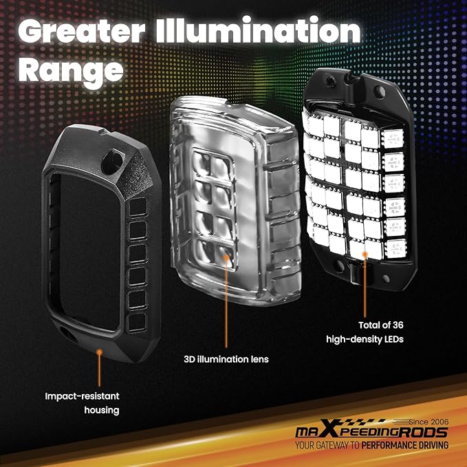 maXpeedingrods Rock Lights with 3D Lens, 12 Pods RGB Underglow Light Kits 432 LEDs, with Remote Control App Music Microphone Mode, Waterproof Wheel Lights for Off-raod Truck SUV Truck RV RZR Boat 12V