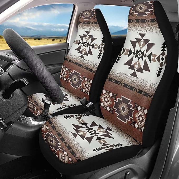 ELEQIN Car Seat Covers Two Front Only for Car, Brown Aztec Geometric Automotive Interior Covers, Quick Setup Universal Fit Seat Covers for Car, Truck, SUV