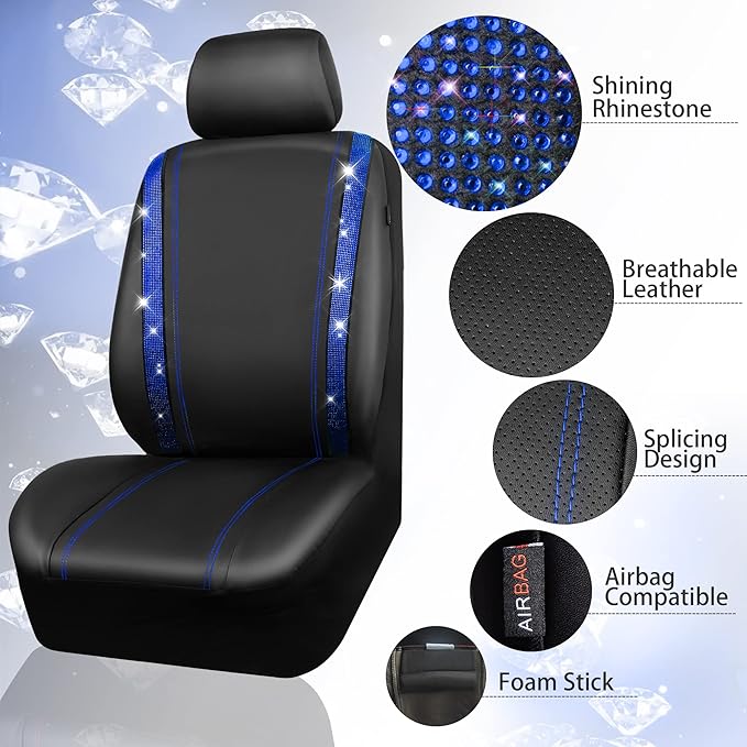 CAR PASS Bling Diamond Car Seat Covers Full Set, Shining Rhinestone Waterproof Faux Leather, Rear with Zipper, Universal Fit Automotive Glitter Crystal Sparkle Strips for Cute Women Girl, Blue