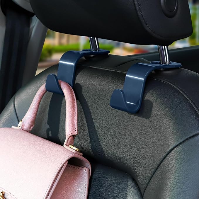 Soleebee 4 Pack Car Headrest Hooks - Universal Auto Hooks, Back Seat Hangers, Storage Organizer (Navy Blue)