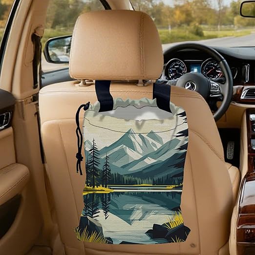 Mountain Lake Car Trash Bag,Forest Tree Strap Drawstring Car Garbage Bags,Car Back Seat Organizer with Adjustable Buckle for Car Accessories