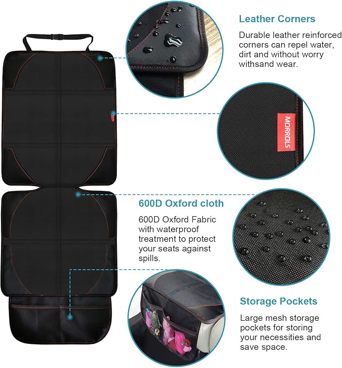 MORROLS Car Seat Protector, 2 Pack Carseat Protector with Thick Padding, Baby/Pets for Child Car Seat-Mesh Pockets-Waterproof-Universal Size(Black)