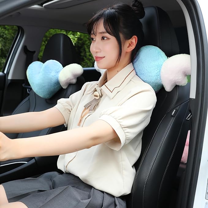 2 Pack Heart Shaped Cute Car Headrest Pillow with Angel Wings - Comfortable Soft Head Rest Cushion Kawaii Car Accessories Neck Pillow for Driving Travelling Office Home Decor - Light Blue Love Heart