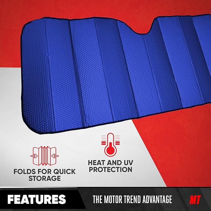 Motor Trend Blue Accordion Folding Car Windshield Sun Shade - Blackout Sun Visor for Car Windshield - Foldable Jumbo Sunshade and Front Window Truck Sun Screen for UV Sun Protection - 66 x 27