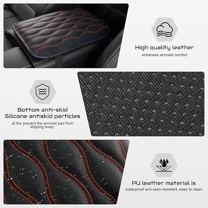 Amiss Auto Center Console Pad, Universal Waterproof Armrest Seat Box Cover, Car Interior Accessories, Leather Auto Armrest Cover Protector for Most Vehicle, SUV, Truck (Orange-Line)