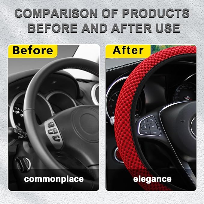 Kewucn Car Elastic Stretch Steering Wheel Cover, Soft Microfiber Breathable Ice Silk, Universal 15 Inch Anti-Slip Auto Steering Wheel Protector, Fit Car, SUV, Van, Sedan, Truck (Red)