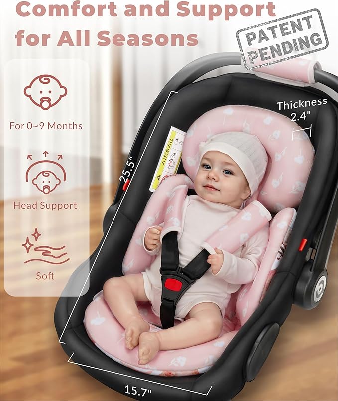 Newborn Car Seat Insert, Head and Body Support, Reversible Infant Insert Compatible with Baby Carseat, Stroller, Mamaroo Swing, Rocker, Bouncer. Baby Car Seat Cushion - Pink Floral