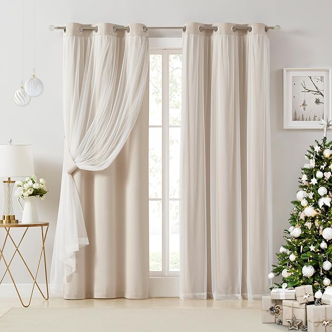 Bujasso Beige 80% Blackout Curtains with Sheer Overlay Mix and Match Double Layer Thermal Insulated Window Panels 95 inch for Living Room Bedroom Beige Drapes with Tiebacks Grommet Top 37" Wx95 Lx2