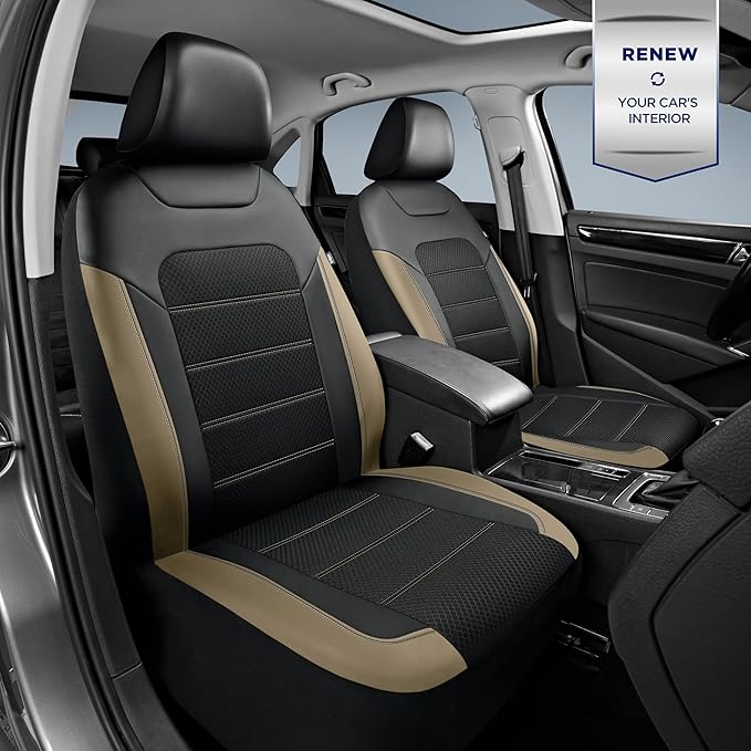 PIC AUTO Car Seat Covers, Premium Leather and Air Mesh Automotive Sports Seat Covers Full Set, Front and Rear Bench, Airbag Compatible Universal Fits Most Cars, SUVs, Trucks and Vans (Black & Beige)